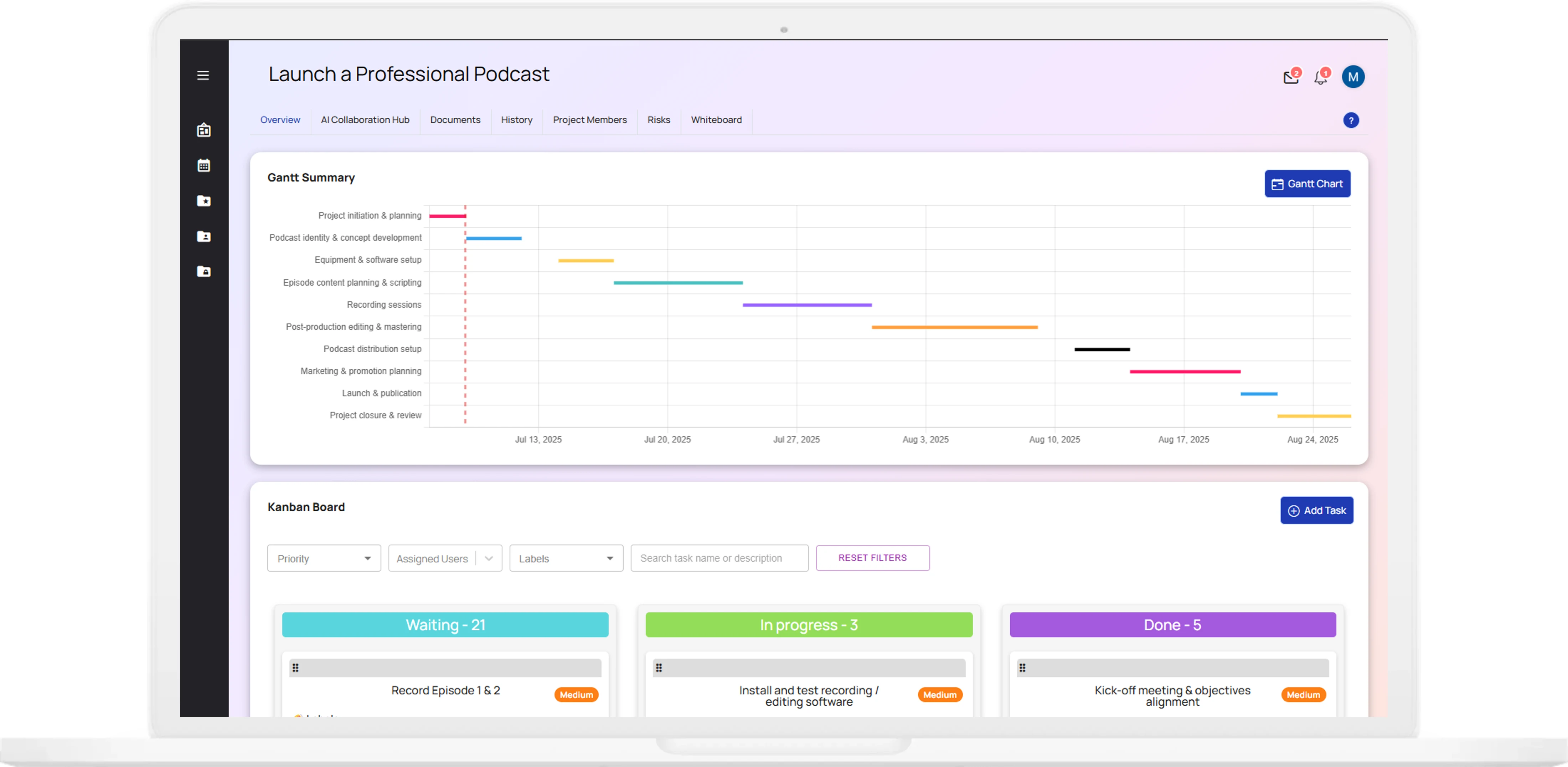 AI project management dashboard with Gantt chart, budget insights, and real-time progress tracking